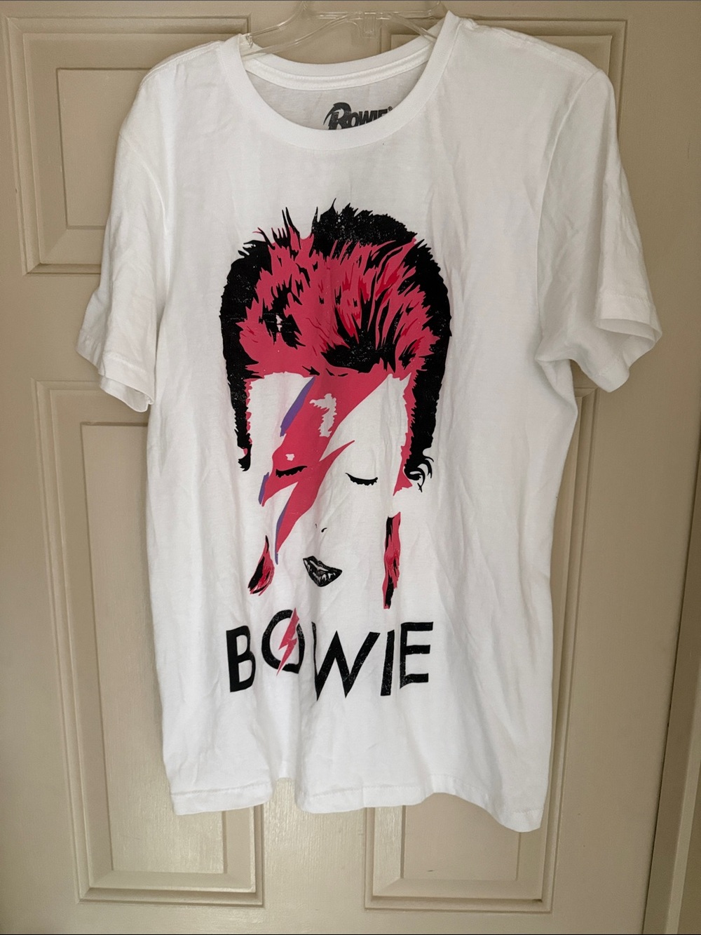 Bowie AUTHORIZED Graphic Unisex White T-Shirt with Pink Accent. Size Small